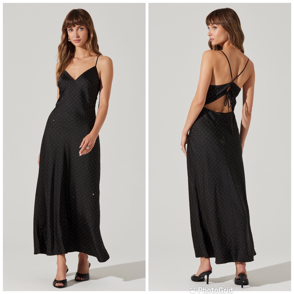 Astr Bonney Black Satin Slip Maxi Dress Rhinestone Cocktail Party Goth Sz Large